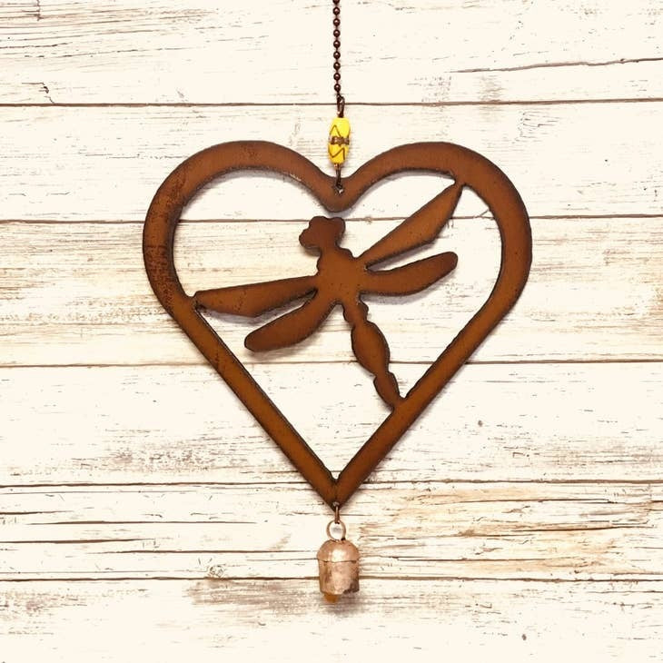 Heart with Dragonfly Rusty Metal Bell Chime