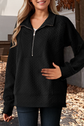 Textured Half Zipper Collared Long Sleeve Sweatshirt (S-2XL)